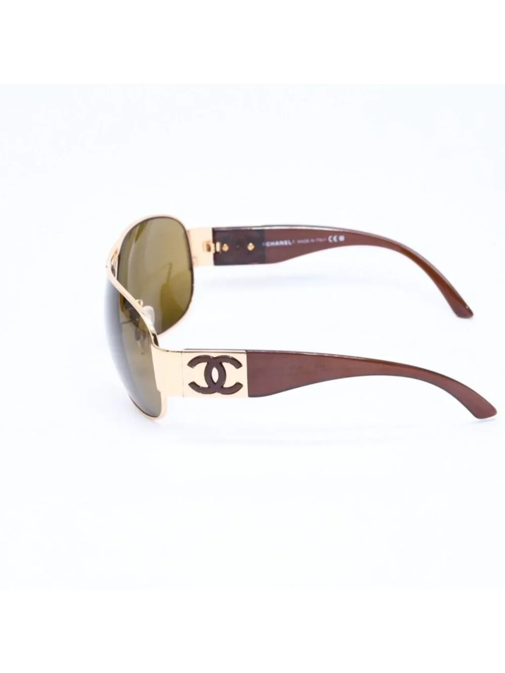 Chanel Side CC Logo Teardrop Sunglasses Metal Acetate Brown Gold Eyewear